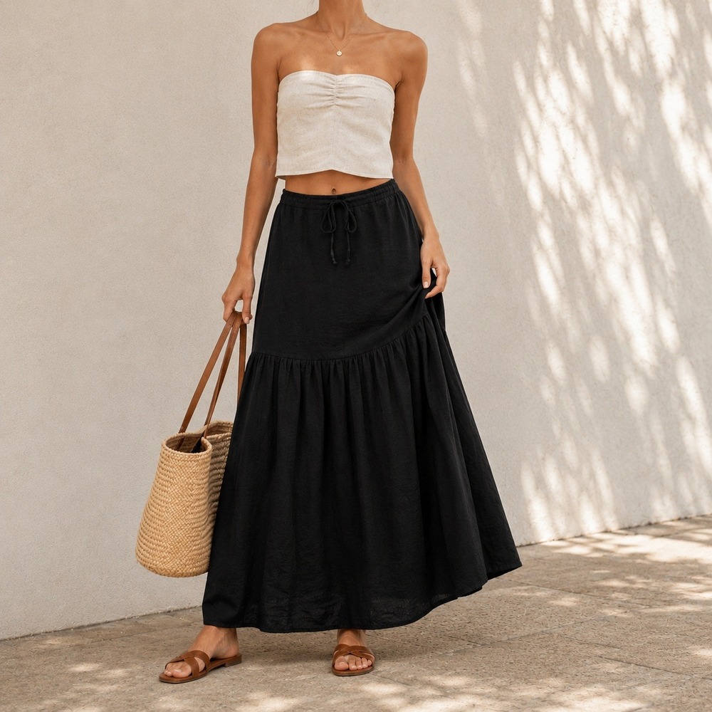 Capsule Wardrobe Black Tiered Maxi Skirt Womens Small Coastal Vacation Summer